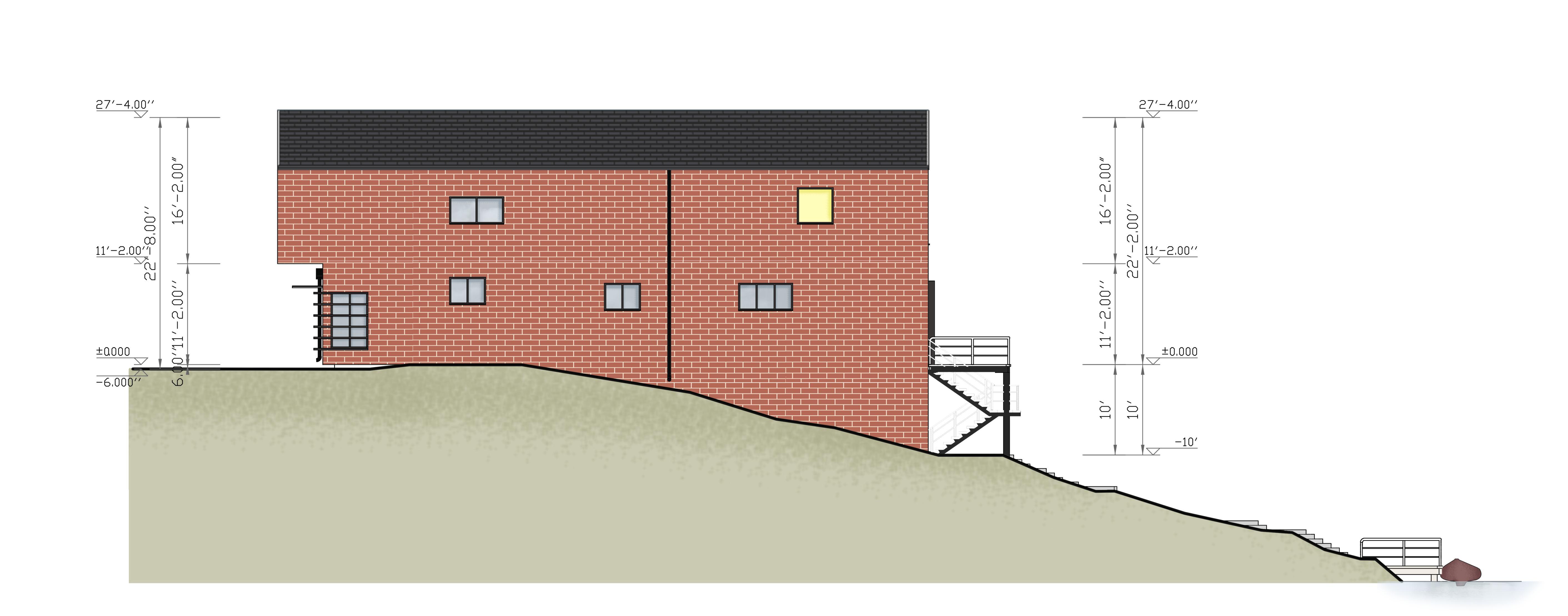 Type B — east elevation, red palette