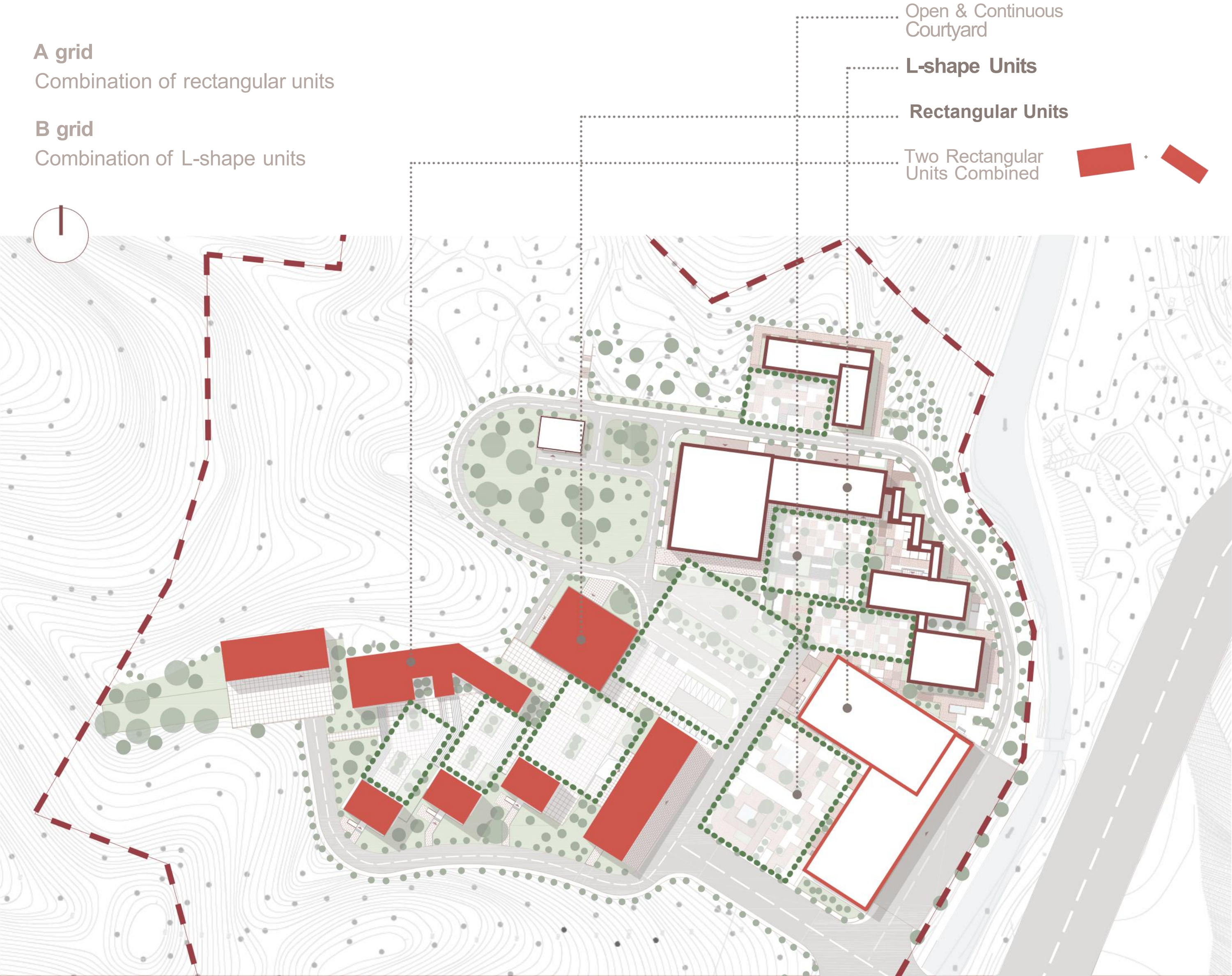 Rectangular and L-shaped units form continuous courtyard spaces.