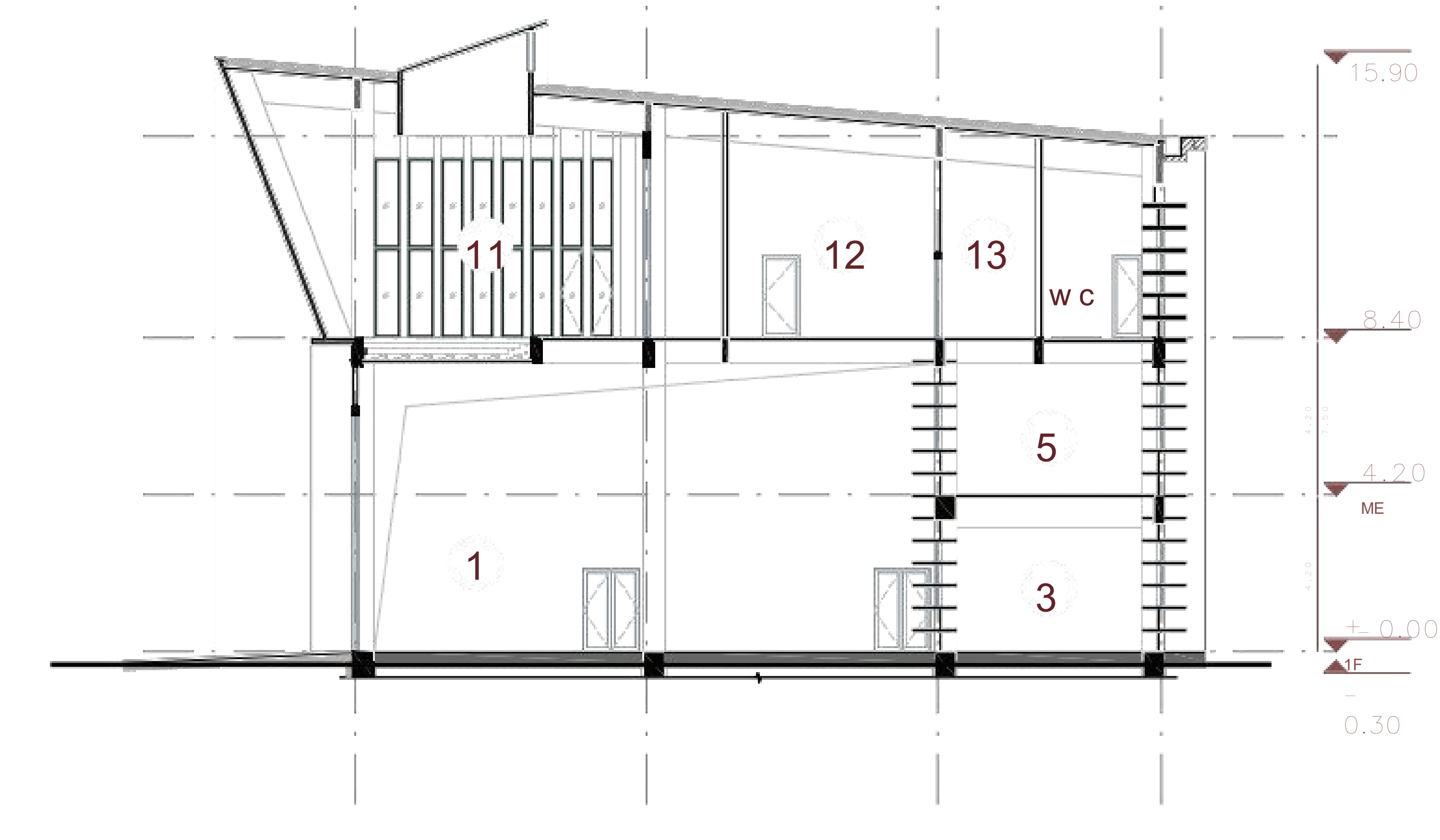 Cross-section through the garage, mezzanine and upper accommodation.