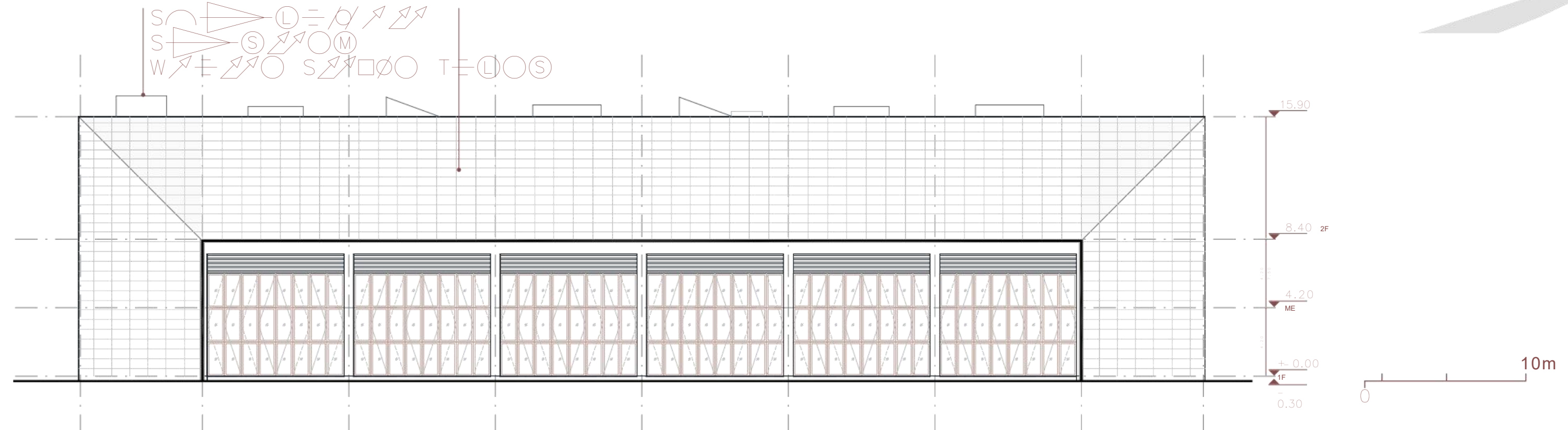 Fire station elevation with the source height dimensions and graphic scale.