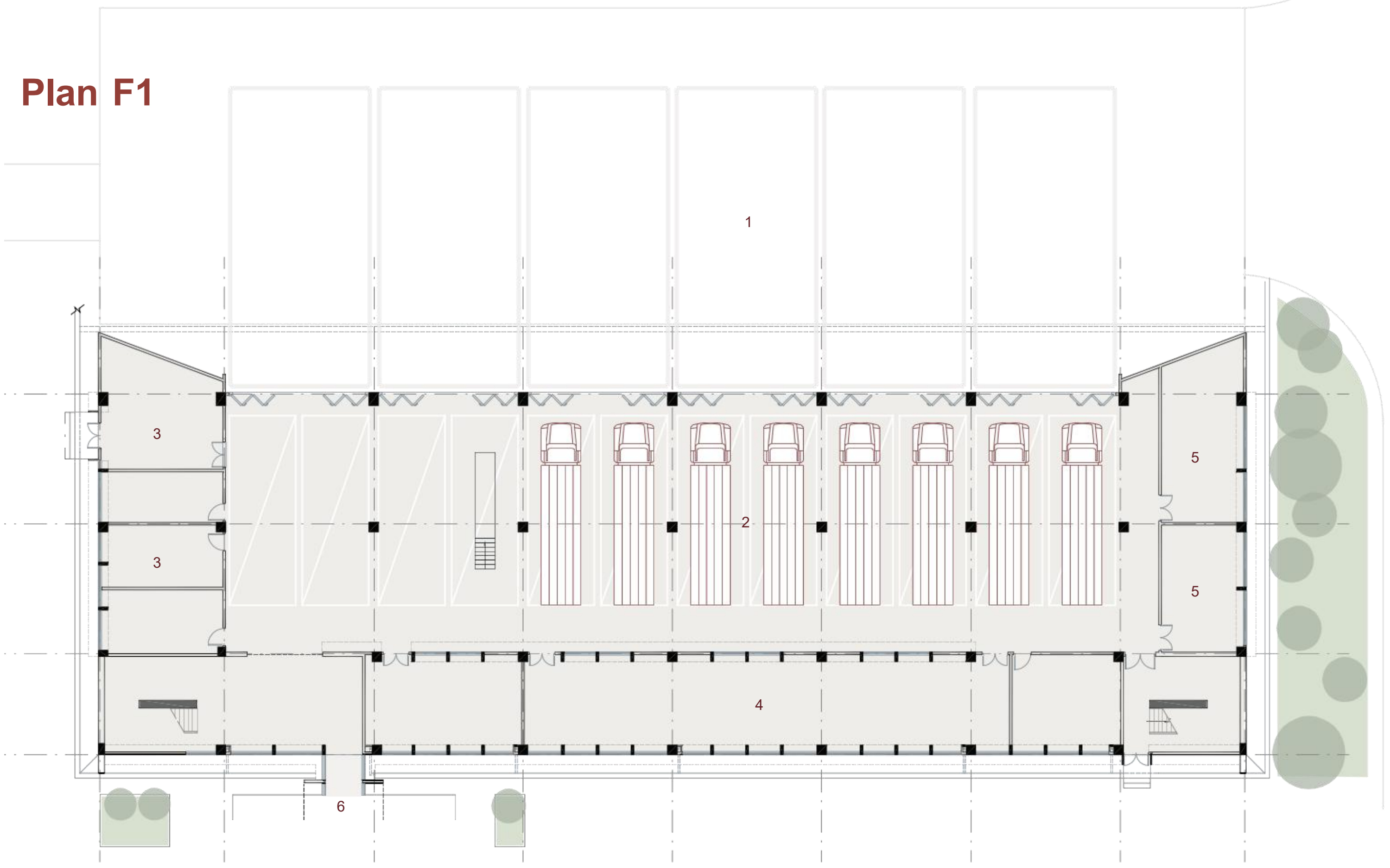 First-floor plan: square, garage, service rooms, warehouse, training equipment library, connection to the command center and courtyard.