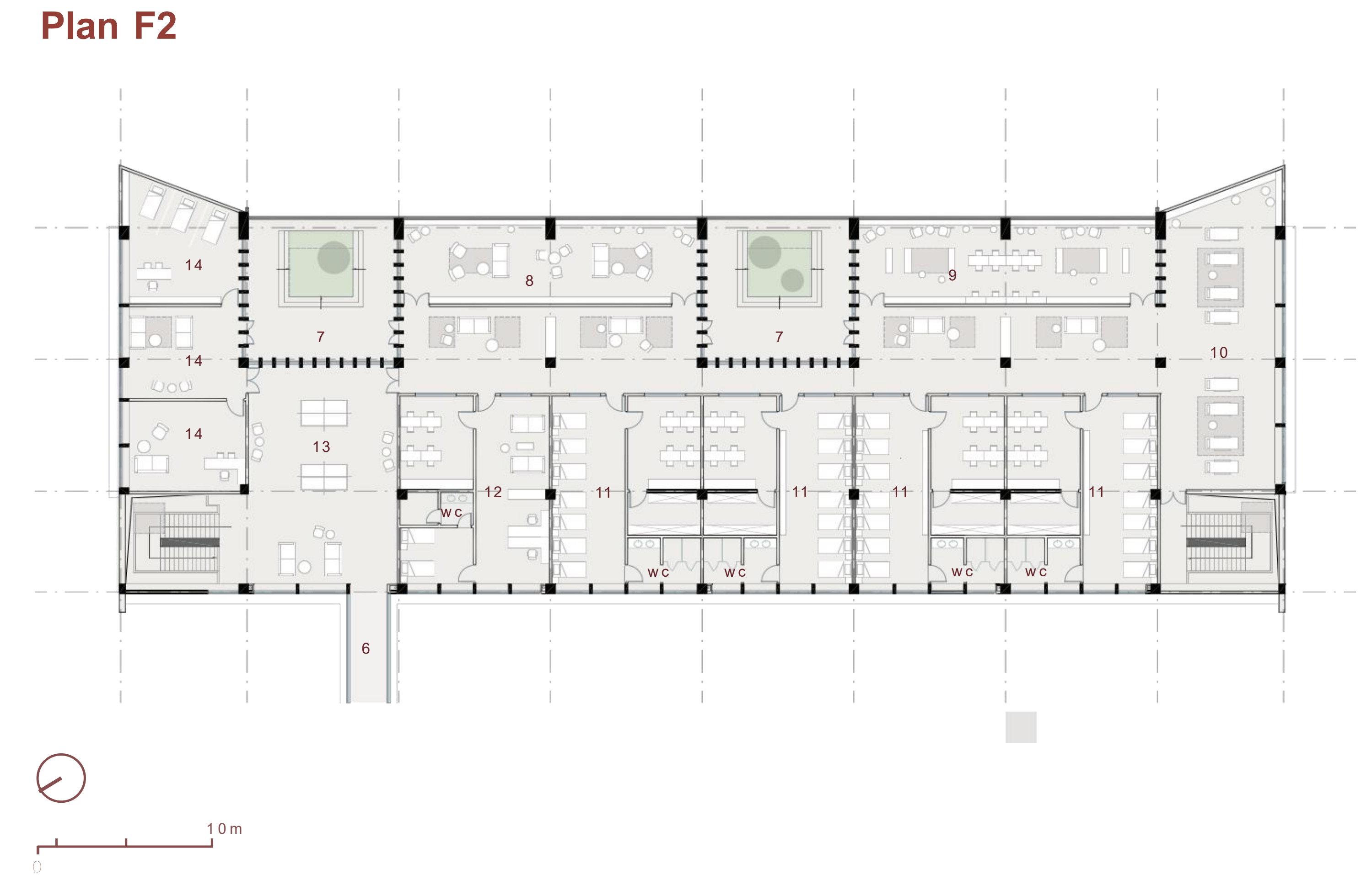 Second-floor plan: club, library, sun room, dormitories, head office, leisure area and clinic, arranged around courtyards and skylights.