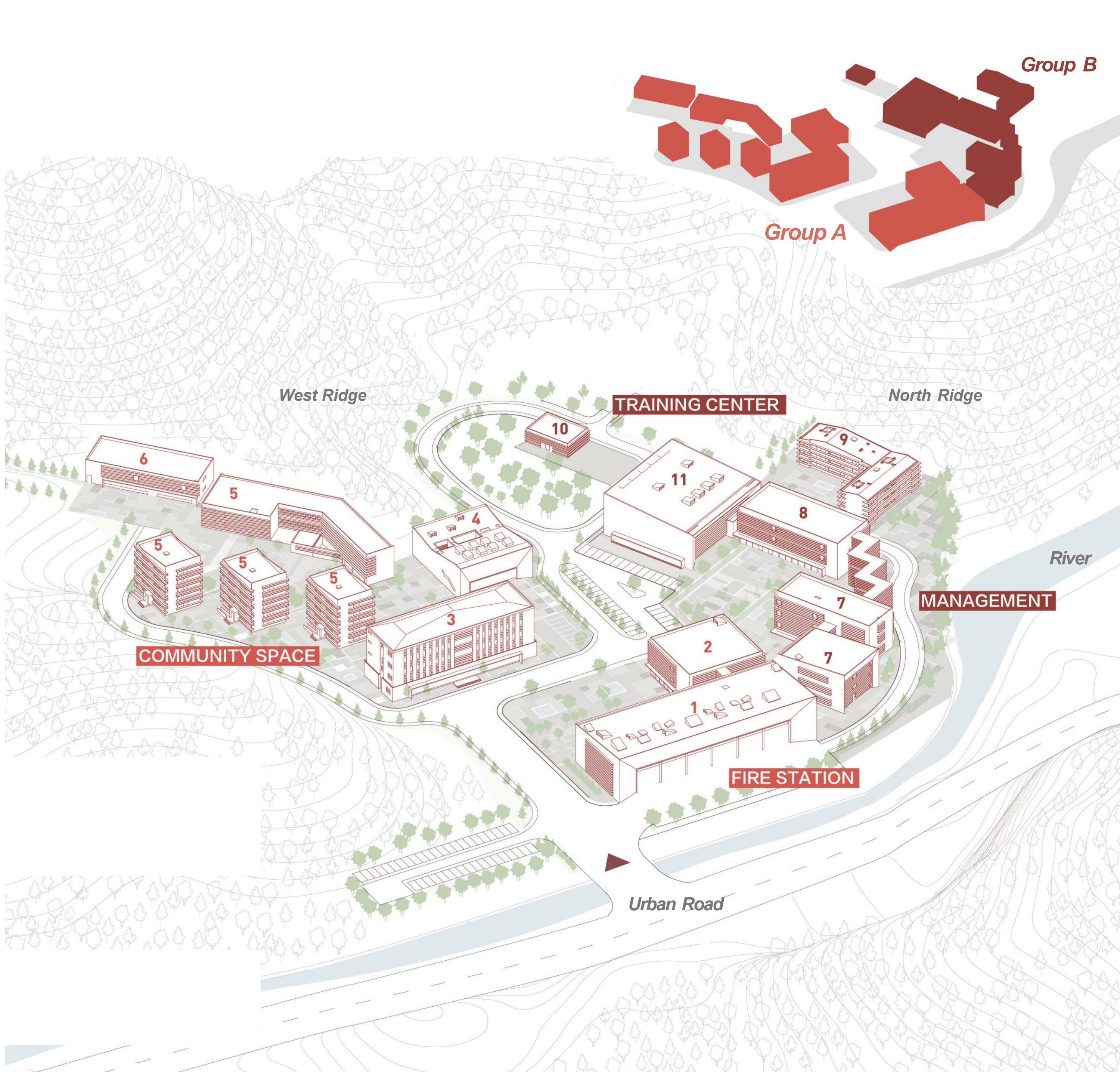 Functional groups in relation to the ridges, river and urban road. Group A contains the fire station, command center, training hall, communication center, trainee apartments and warehouse. Group B contains offices, a main building, apartments, an auxiliary building and a swimming pool.