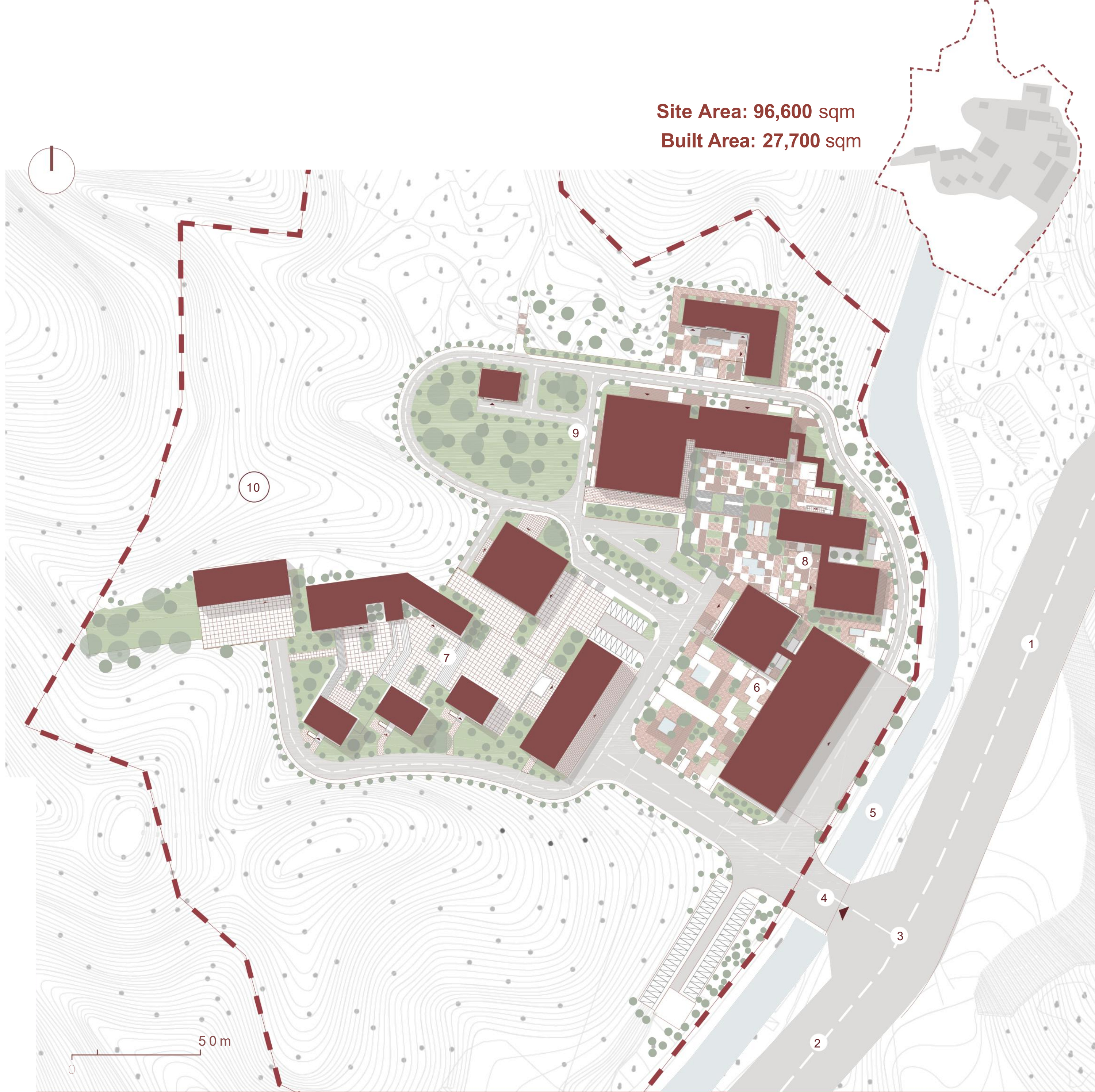 Masterplan with site boundary, roads, river and building groups. Key: 1, route to the old town; 2, route to nearby villages; 3, urban road; 4, entrance; 5, river; 6, emergency rescue; 7, residential area; 8, offices; 9, training center; 10, water tank.
