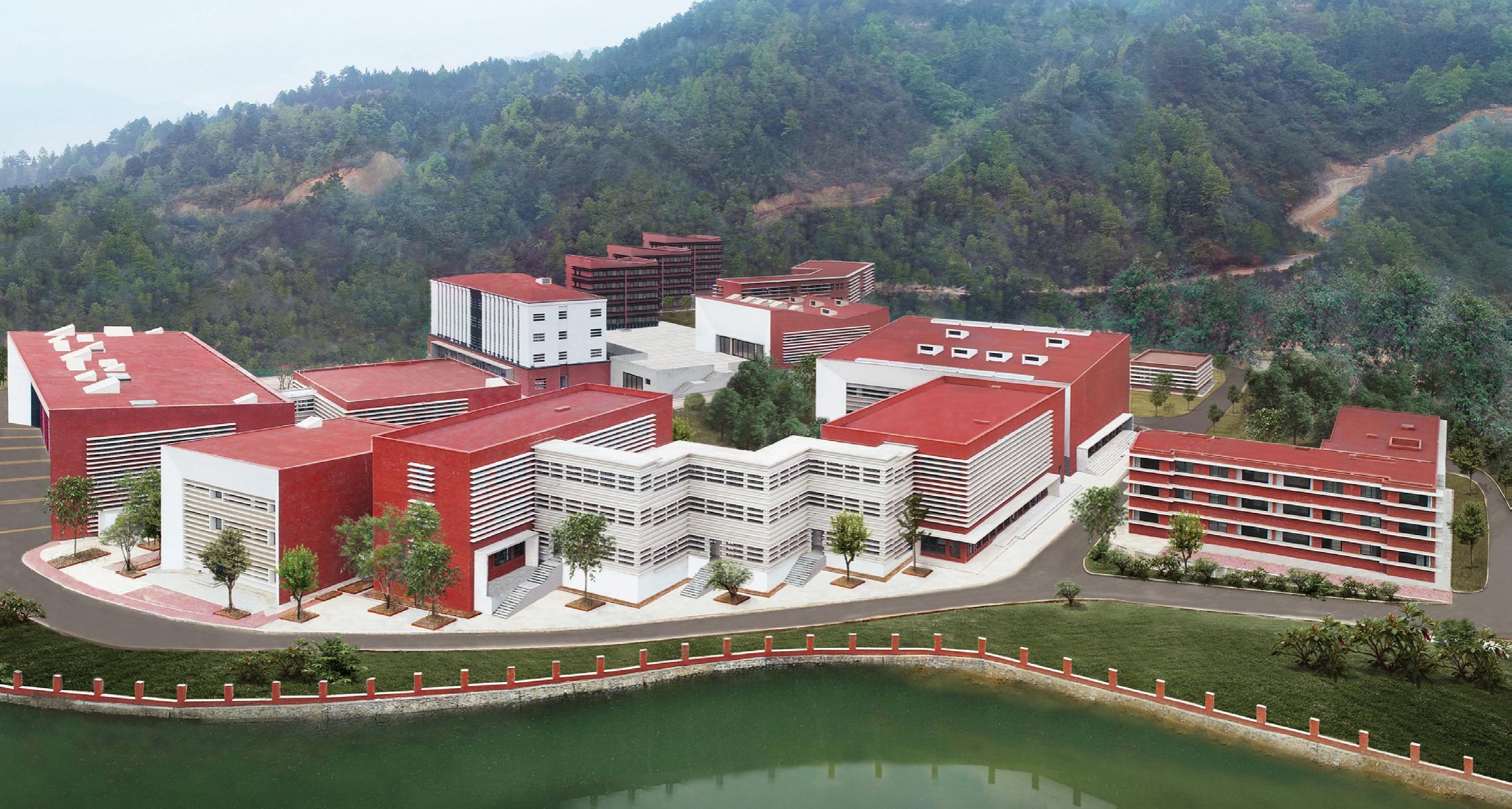 The complex follows the terrain beside the river.